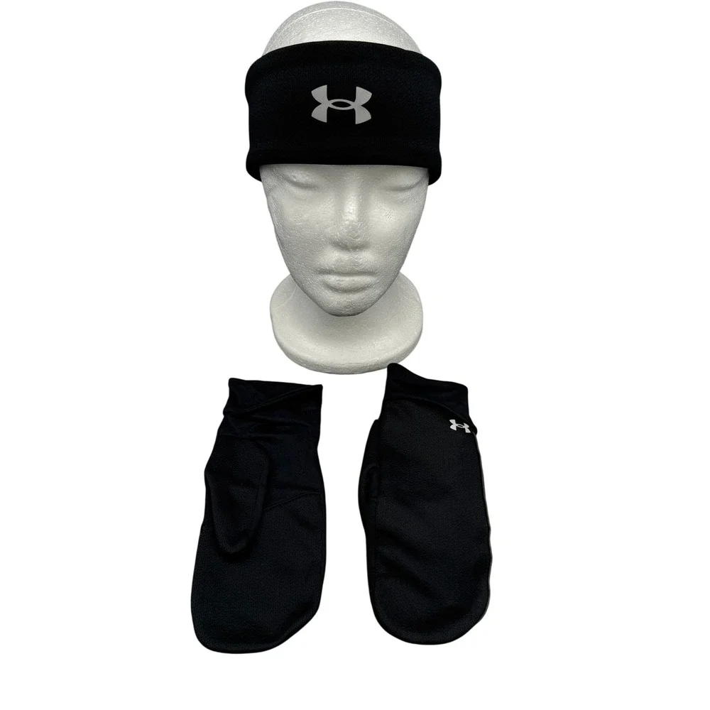 Under Armour Headband & Mitten Glove Set Women's‎ L/XL Black/Reflective Silver